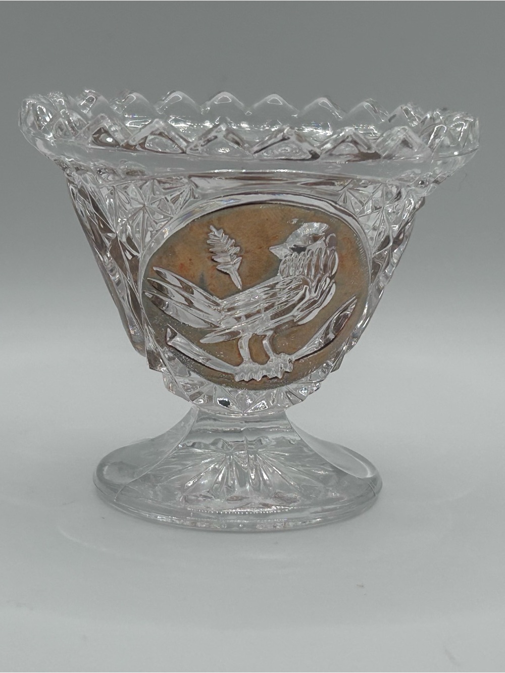 Hofbauer Byrdes Lead Crystal Salt Cellar | West Germany Bird Medallion Dish